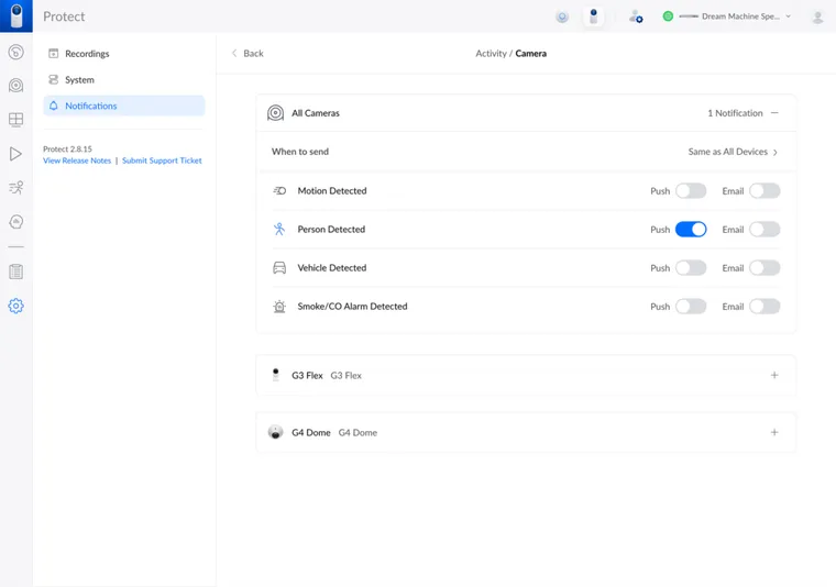 UniFi Protect Notifications Screen