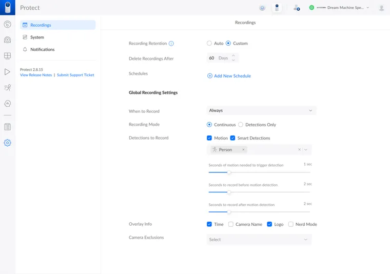 UniFi Protect Recording Configuration Screen